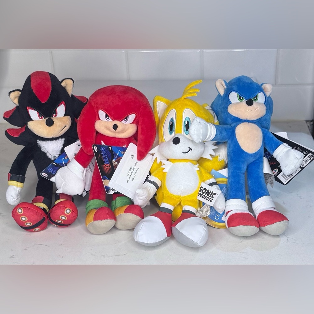 4 NEW~Sonic The Hedgehog 3 Movie~Sonic-Shadow-Knuckles-Tail Modern W20-Plush Set